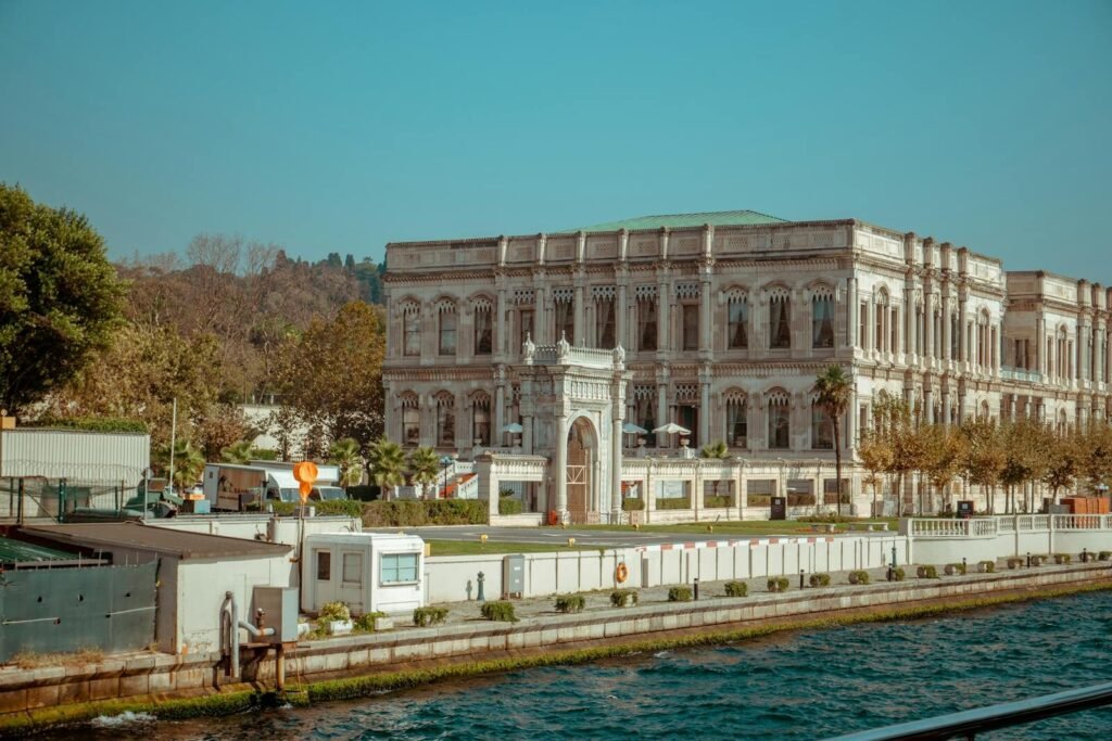 Stunning view of the historic Ciragan Palace on the Bosphorus in Istanbul, Turkey.