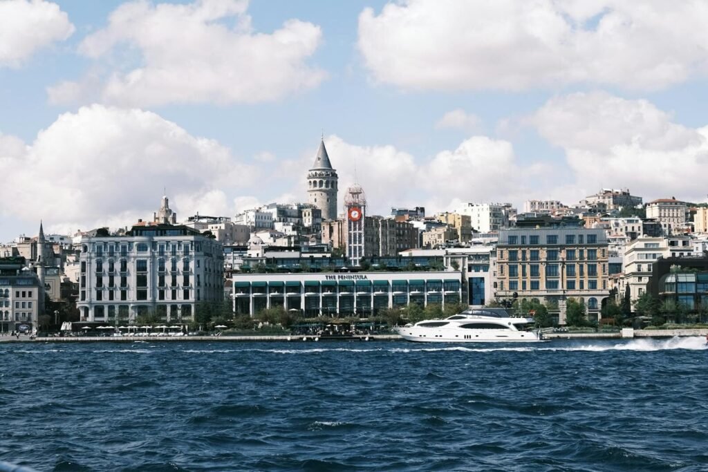 Scenic view of Istanbul's famous skyline featuring the historic Galata Tower and the Bosphorus Strait.