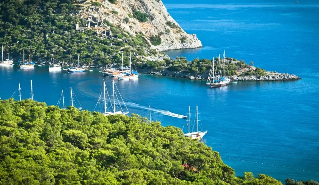 Breathtaking view of sailing yachts along Turkey's turquoise coast, perfect for summer travel.