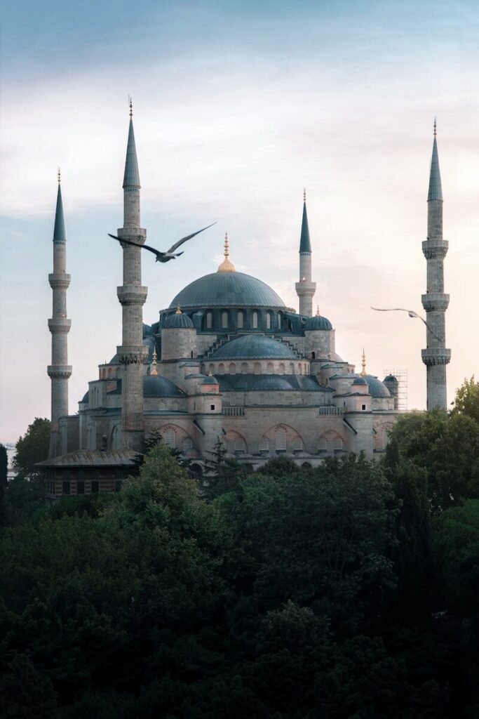 a bird flying over a large building in the middle of a forest
