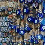 Vibrant collection of Turkish evil eye charms and beads in Istanbul market.