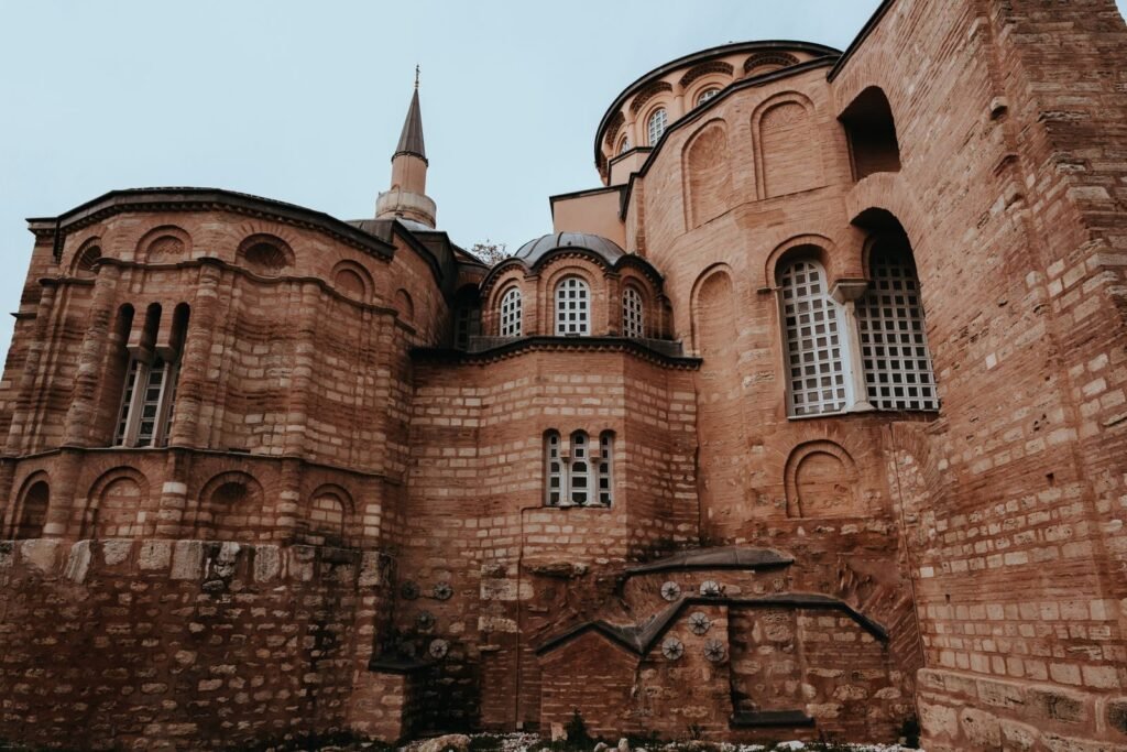 Exterior view of Kariye Mosque, showcasing Byzantine architecture in Istanbul.